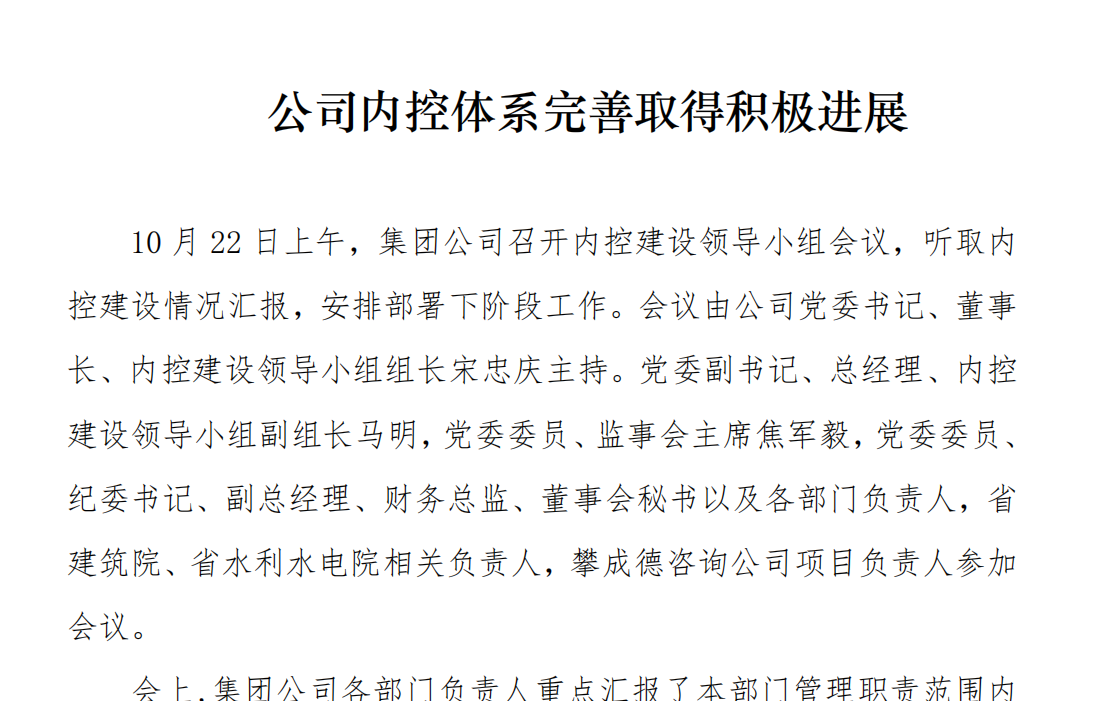 公司內(nèi)控體系完善取得積極進展